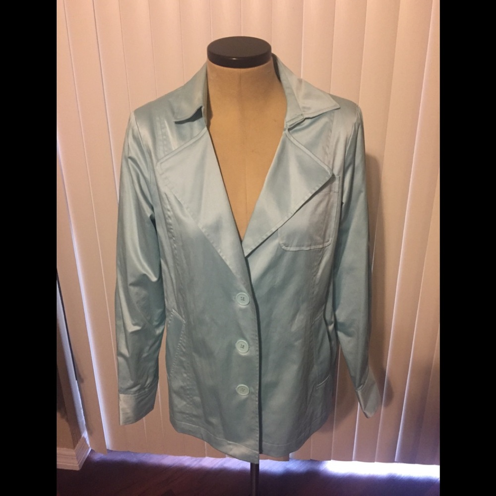 Large soft aqua long sleeve polished cotton jacket